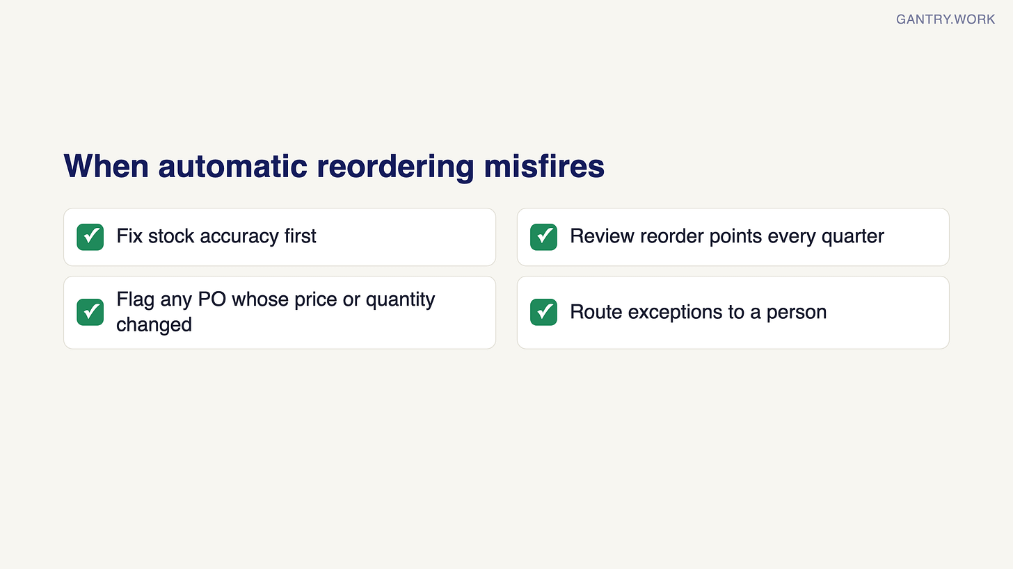 Checklist for when automatic reordering misfires: fix stock accuracy first, review reorder points every quarter, flag any PO whose price or quantity changed, route exceptions to a person Checklist for when automatic reordering misfires: fix stock accuracy first, review reorder points every quarter, flag any PO whose price or quantity changed, route exceptions to a person