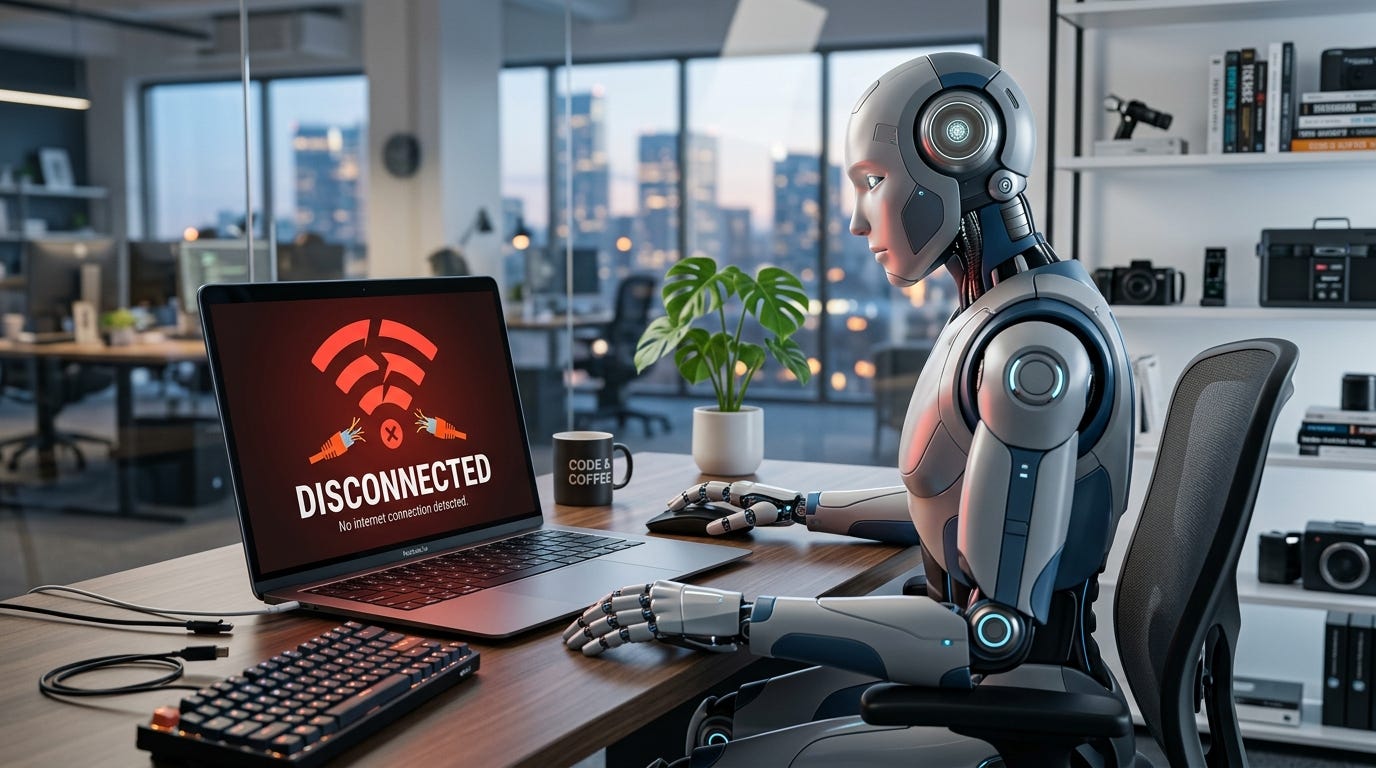 Hình ảnh thực tế của một robot AI cách điệu đang ngồi trước bàn làm việc, nhìn vào màn hình máy tính xách tay hiển thị biểu tượng 'MẤT KẾT NỐI' lớn với đồ họa cáp internet bị hỏng.
