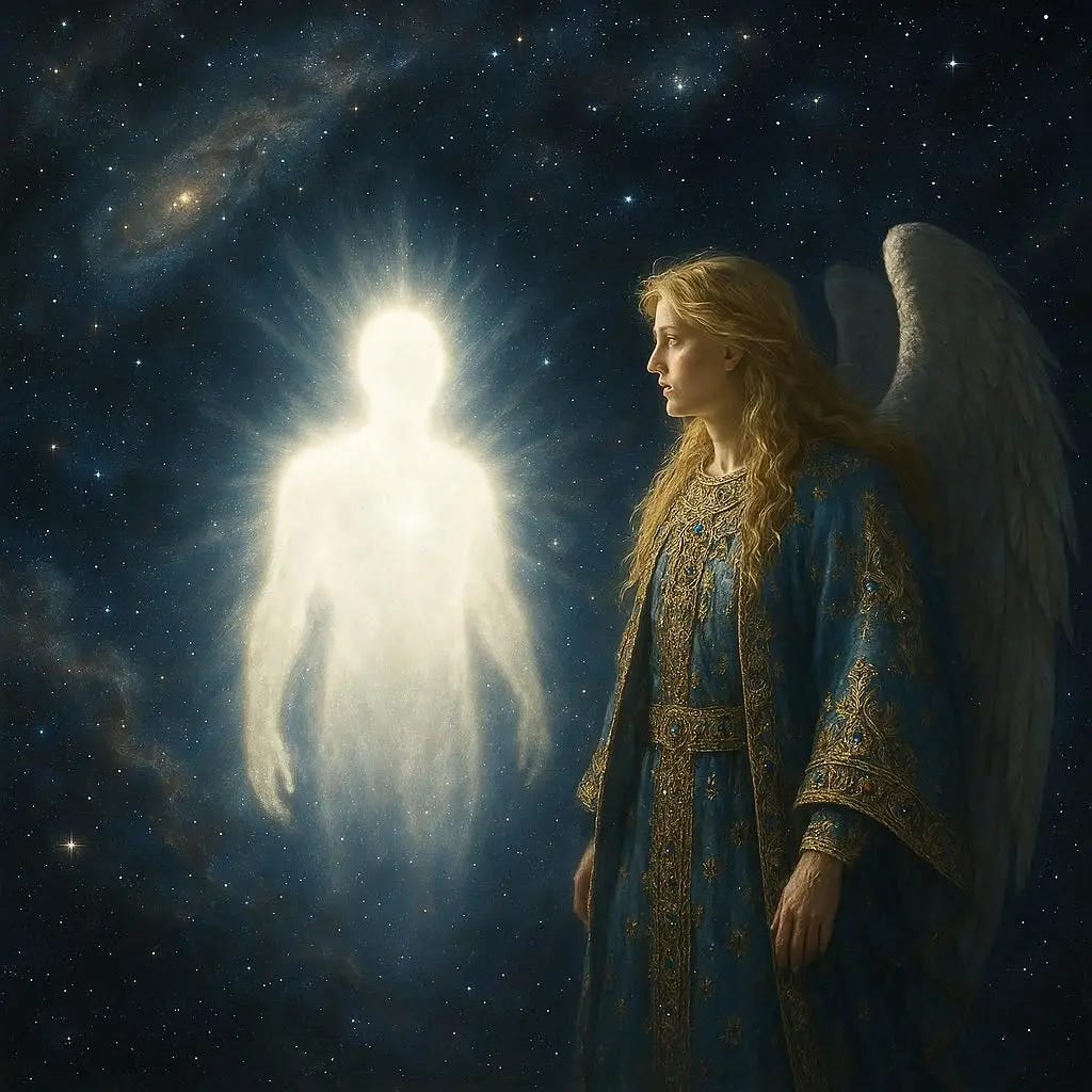 a silhouette of bright light floats in deep space with an angel who has long blonde hair and is wearing elaborate robes that are adorned with jewels floating next to him. they both are looking around at the cosmic beauty. realistic. heavenly.