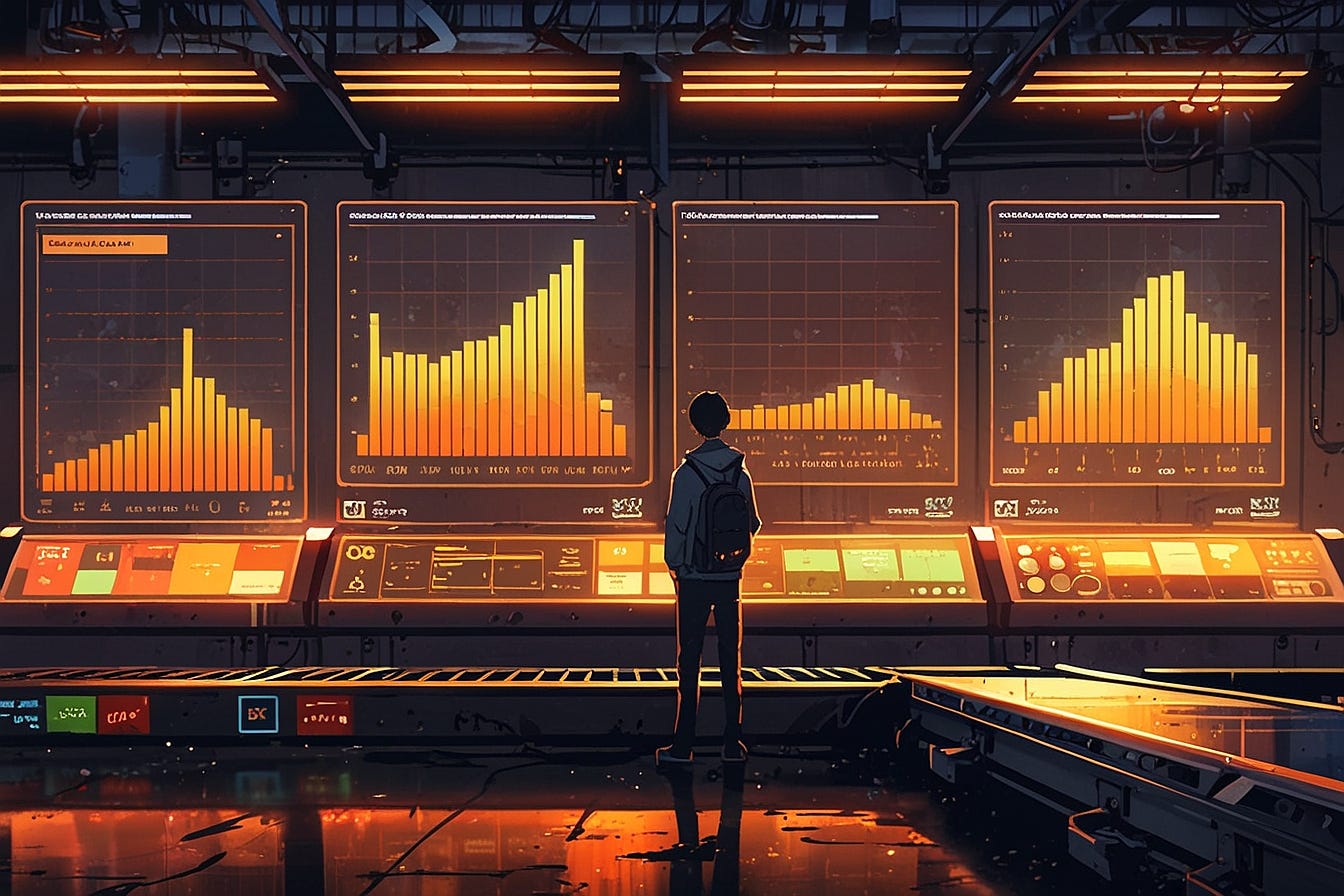 A software engineer stands proudly in front of a massive glowing dashboard showing skyrocketing bar charts labeled "code generated" — behind him, unnoticed, a single tiny package on a conveyor belt trickles slowly toward a "shipped" bin, most of it falling off the edge before it arrives. Warm golden light on the dashboard side, cooler shadowed light on the neglected conveyor belt.