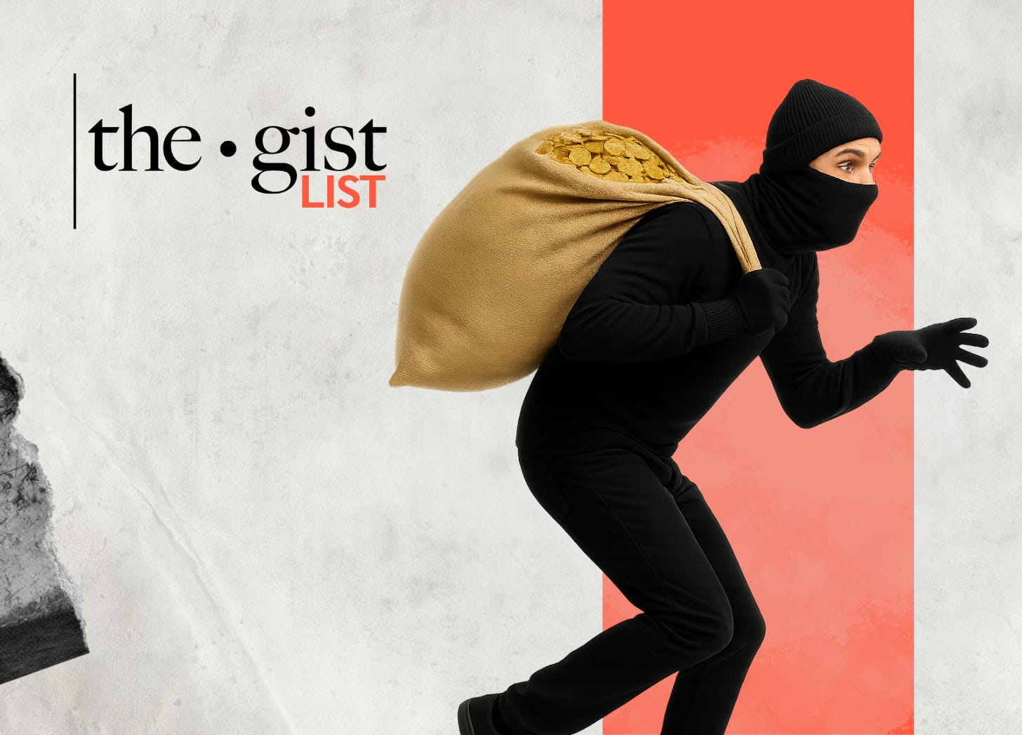 A burglar dressed in black and wearing a face mask tiptoes away with a large sack of gold coins on his back.
