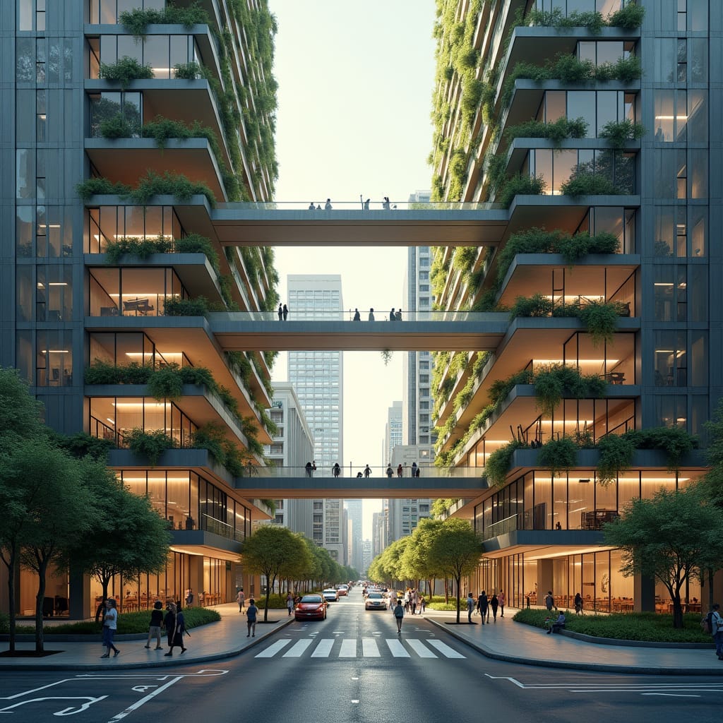 Imagine a state-of-the-art urban school with two towering buildings on either side of a busy city street, connected by a dynamic skywalk filled with student learning pods. The design should feature rooftop parks and recreational spaces, including a multi-level gym with transparent walls and a basketball court suspended between the two towers. The school should blend into the bustling city, with street-level spaces dedicated to community engagement, cafes, and open study zones. The exterior should mix glass, concrete, and lush vertical gardens to create a modern urban oasis.