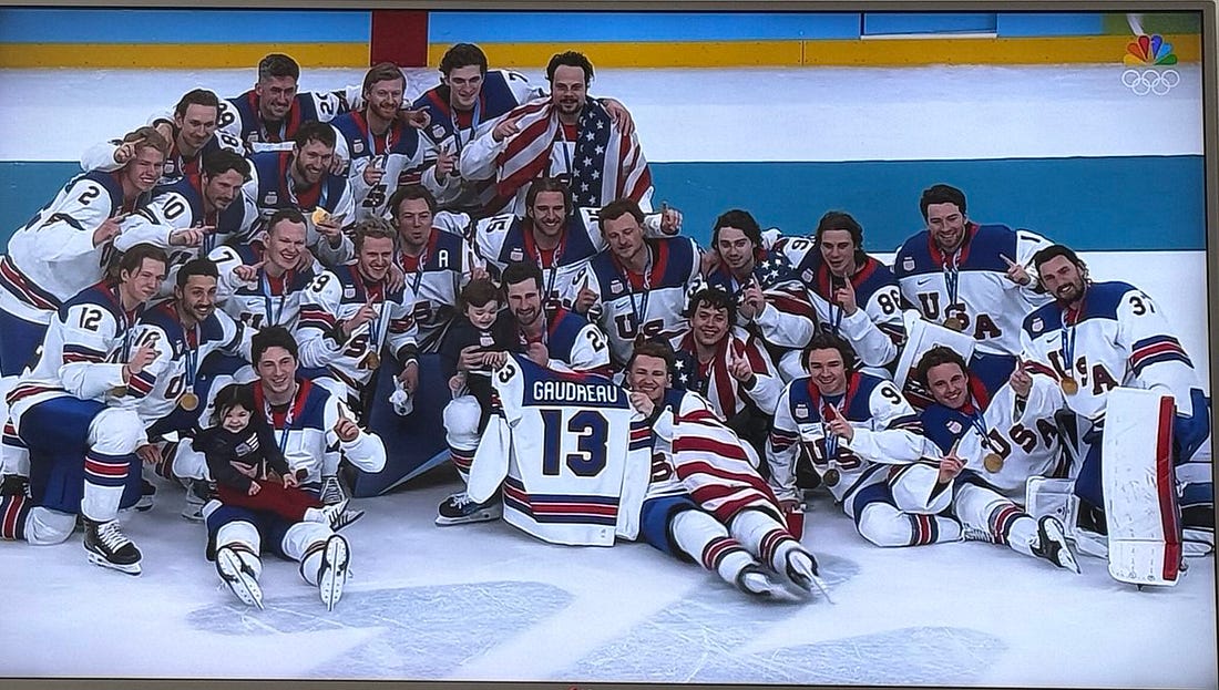 What a beautiful, emotional moment: the USA hockey team brought Johnny Gaudreau's  children onto the ice for the gold medal team photo.