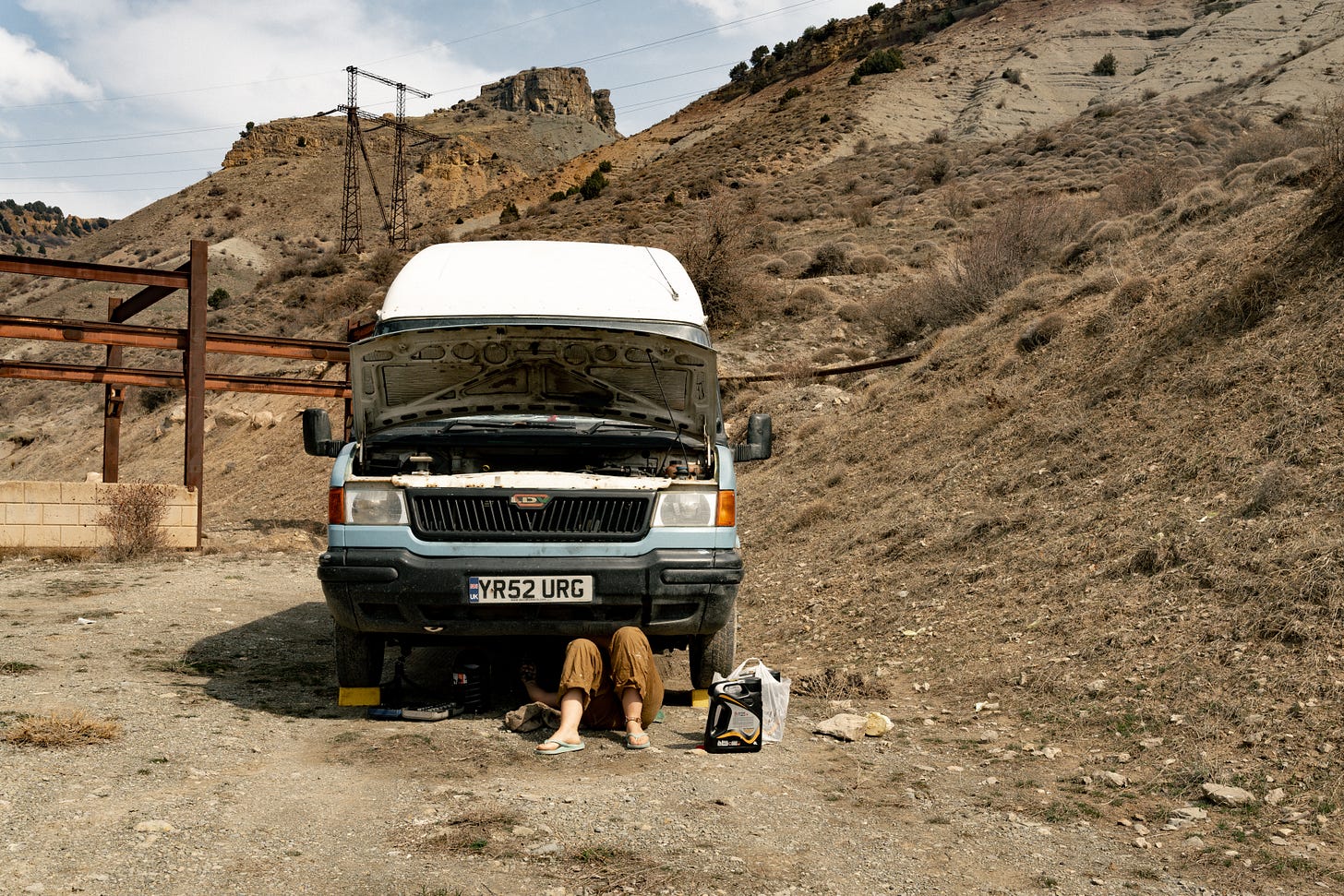 female girl woman mechanic petrol head growing up story travel writer van life welding repair spanners bodge fix LDV Convoy British vehicles old 