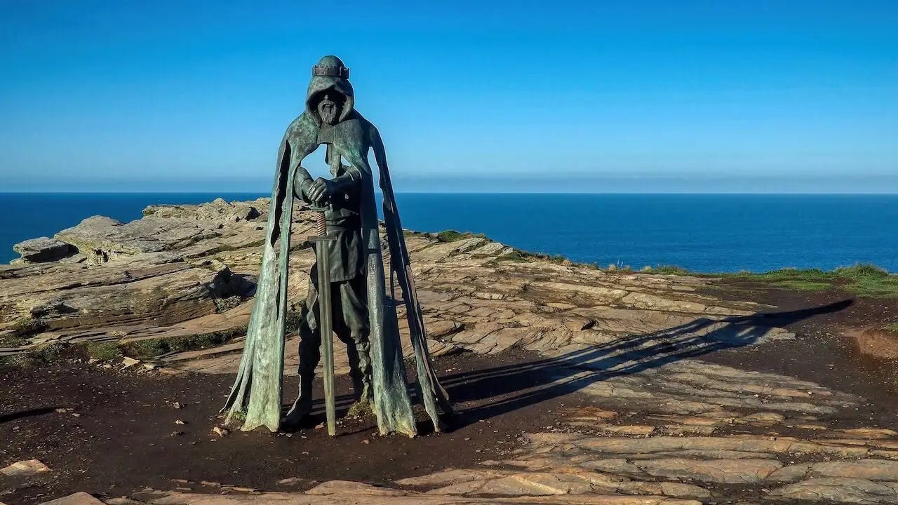 Statue of King Arthur on an island off Tintagel