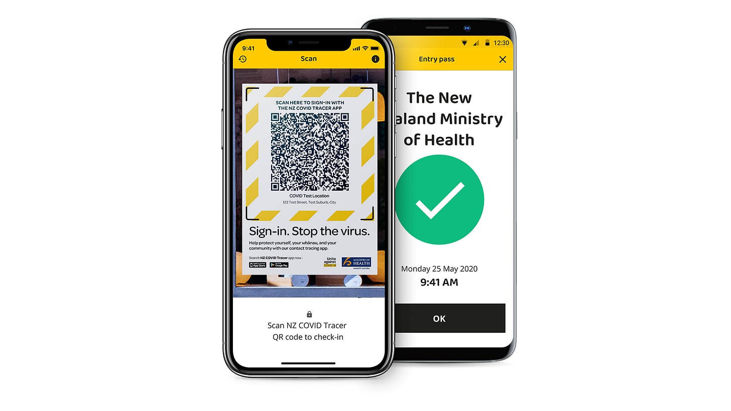 Picture of screenshots of NZ COVID-19 Tracer App.