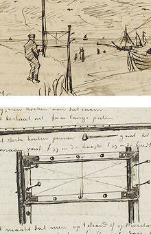 Two pencil sketches by Van Gogh, one of Van Gogh on the beach using the perspective frame. The other a sort of schematic for the frame.