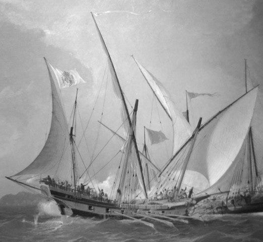 Image of a small boat, with sails and oars at sea Image of a small boat, with sails and oars at sea