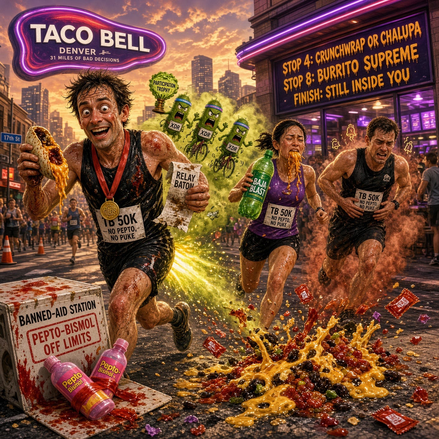 Cinematic absurd comedy illustration, golden-hour Denver sidewalk outside a glowing purple-and-pink Taco Bell. A pack of sweaty ultrarunners mid-stride on a 31-mile urban course, bibs reading “TB 50K — NO PEPTO, NO PUKE.” The lead runner is being jet-propelled by a visible green-yellow fart cloud blasting from his shorts like a rocket booster, eyes wide, medal already half-melted, one hand clutching a half-eaten Crunchwrap Supreme dripping cheese and Diablo sauce, the other waving a grease-stained receipt like a relay baton. Behind him, a woman in a race singlet chugs a two-liter Baja Blast while a Chalupa Supreme hangs from her mouth, sauce streaking her chin. A third runner clutches his stomach, knees high, leaving a cartoon trail of spicy steam and tiny ringing bell icons. Hovering in the exhaust cloud: cartoon Shigella “superbug” mascots — angry little rod-shaped bacteria in tiny race singlets and neon headbands, bibs saying “XDR,” riding the fart draft like drafting cyclists, one of them holding a microscopic “participation trophy” made of iceberg lettuce. Foreground: a banned-aid table overturned, Pepto-Bismol bottles crossed out with red tape, a Nachos BellGrande splattered on the curb like a crime scene, fire-sauce packets exploding into confetti. Background Taco Bell sign warped into a heat-mirage halo, menu board listing the course rules in dripping sauce: “STOP 4: CRUNCHWRAP OR CHALUPA / STOP 8: BURRITO SUPREME / FINISH: STILL INSIDE YOU.” Style: hyper-detailed satirical poster, gross-but-funny, saturated fast-food neon against sweaty skin and asphalt, slight fisheye, no real logos copied exactly, no nudity, no sex acts — the joke is propulsion, not anatomy. Photoreal faces, cartoon bacteria, magazine-cover lighting.