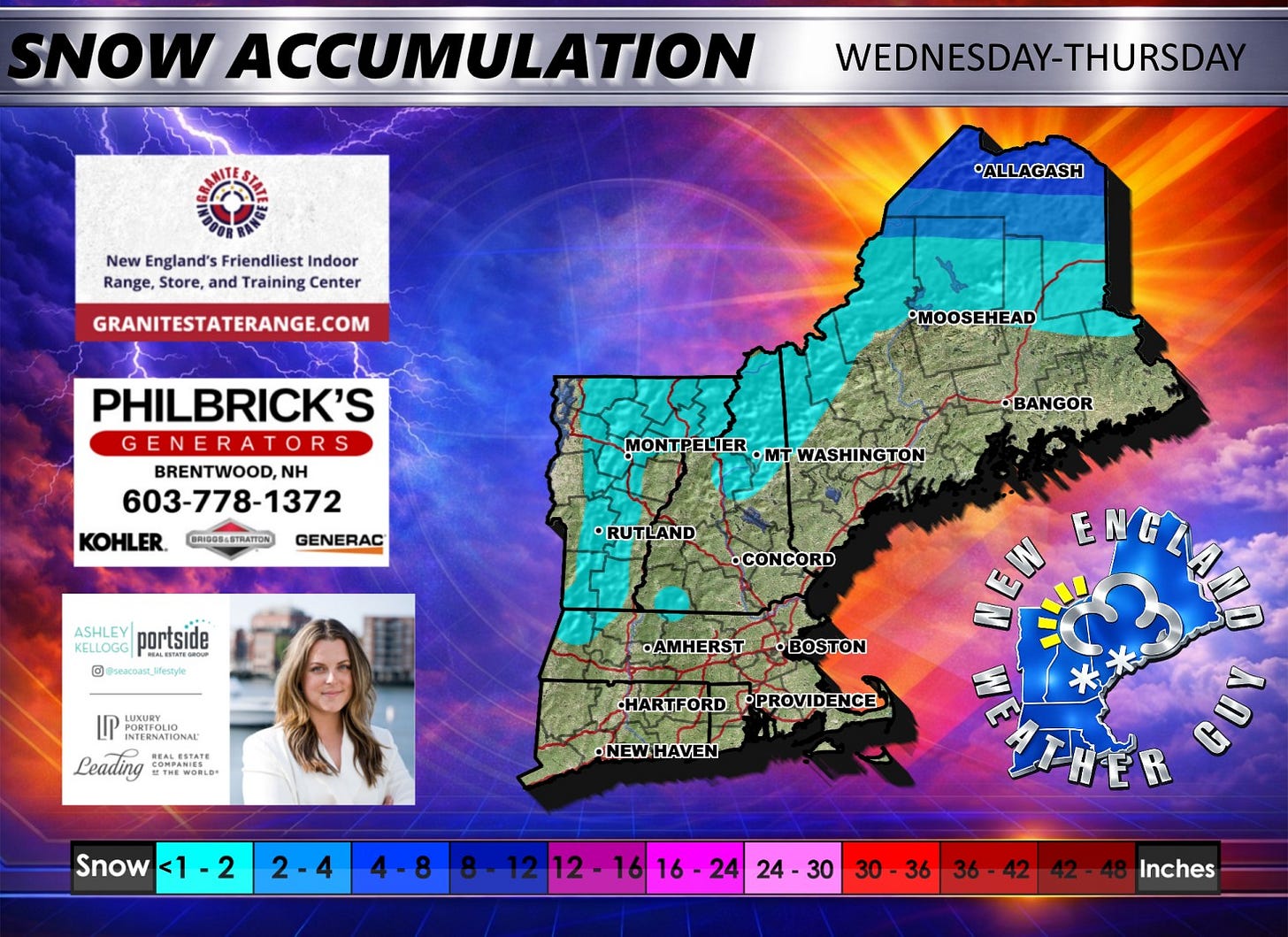 May be an image of map and text that says 'SNOW ACCUMULATION New England's Friendliest Indoor Range, Store, and Training Center WEDNESDAY-THURSDAY ALLAGASH GRANITESTATERANGE.COM MOOSEHEAD PHILBRICK'S G GENERATORS GENERA BRENTWOOD, NH 603-778-1372 KOHLER. GENERAC BRIGGS-STMTION MONTPELIER MONTPELIER.MTWASHINGTON mT WASHINGTON BANGOR RUTLAND RUT ASHLEY KELLOGG portside G @ Mfestyle .CONCORD INTERNATIONAL Leading REALESTATE RALESTATE ALESTATE THEWOBLE WOBLD AMHERST •BOSTON HARTFORD OPROVIDENCE •NEW •NEWHAVEN HAVEN ΕΝΕυΛω Snow <1 <1-2 2 2-4 4-8 8-12 12-16 12 16 16 24 24 30 30-36 36 36 42 Inches'