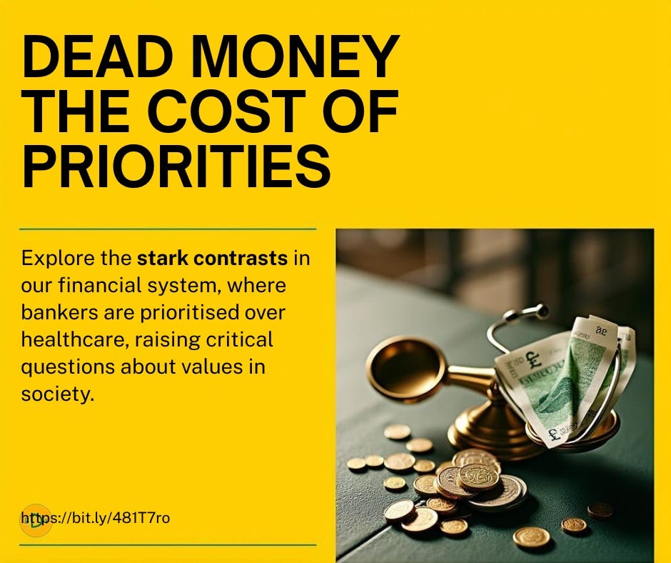 Scales of justice tilted with British pound coins weighing down one side, a stethoscope floating light on the other. Text reads "Dead Money: The Cost of Priorities