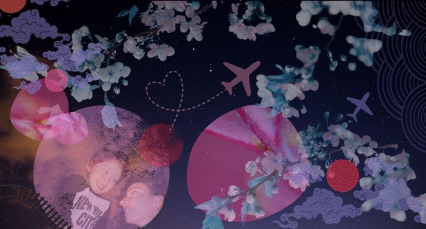 Collage of a mother and son over a night sky with cherry blossoms and airplanes—on an adult son moving abroad.