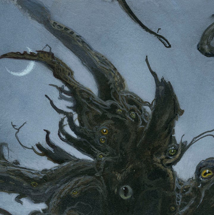 With long curls of blonde hair flowing down her back, a naked woman throws her head back and her arms out in reverence while standing in front of a demonic looking tree. Behind her the bare knot of wood shoots out roots and branches wildly. Set randomly in the gnarly wood are eyeballs with squished and oblong pupils.