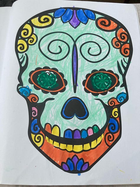 Coloured in Decorative Skulls from a colouring book
