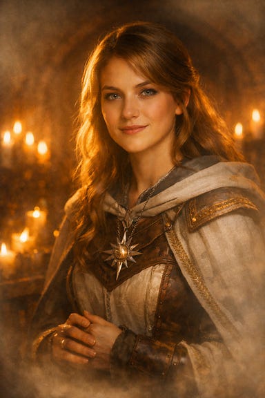Fleetwood’s memory of Aleena, Barovian Gothic atmosphere, warm candlelight illuminating a compassionate cleric with golden-brown hair and silver-gray eyes