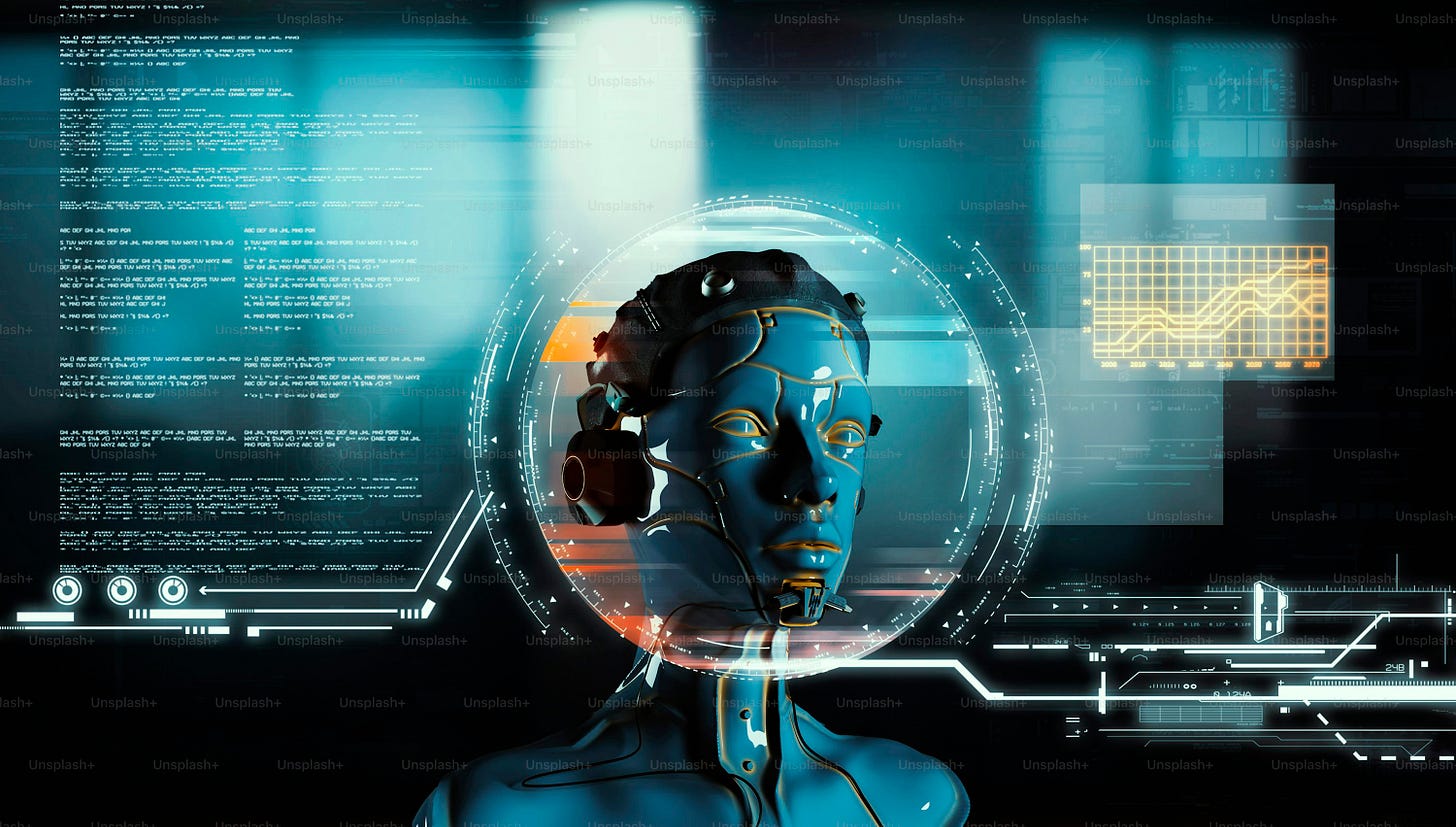 Futuristic robot in front of screens with data information . Artificial intelligence and computing concept . This is a 3d render illustration .