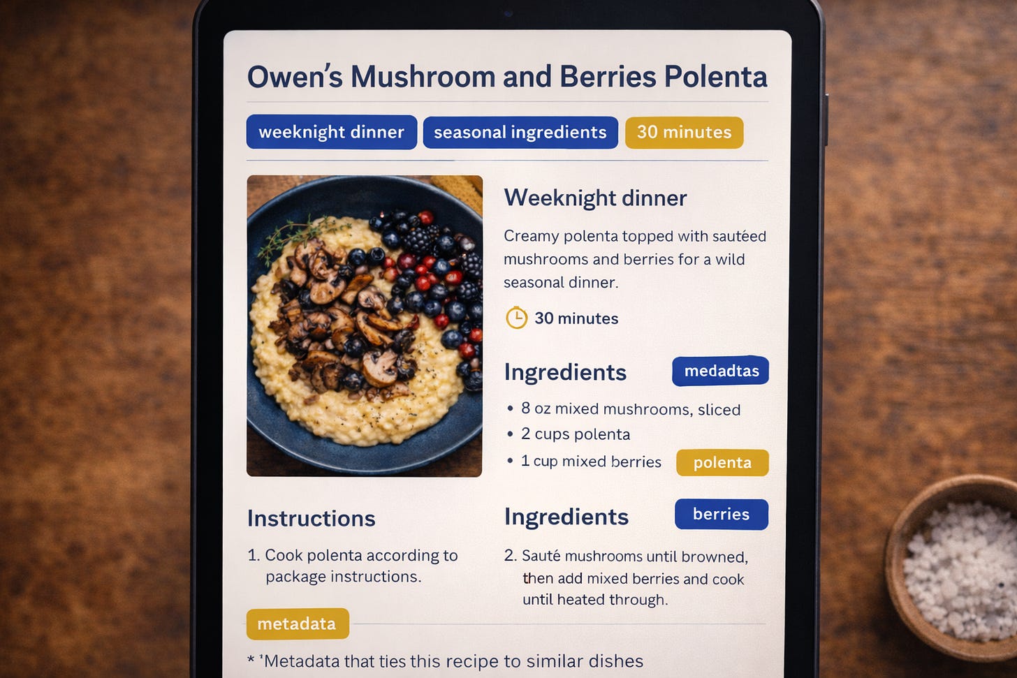 A digital recipe card displayed on a tablet shows structured fields such as title, ingredients, cooking method, season, and dietary notes, demonstrating how metadata organizes and makes a recipe easier to understand and reuse.