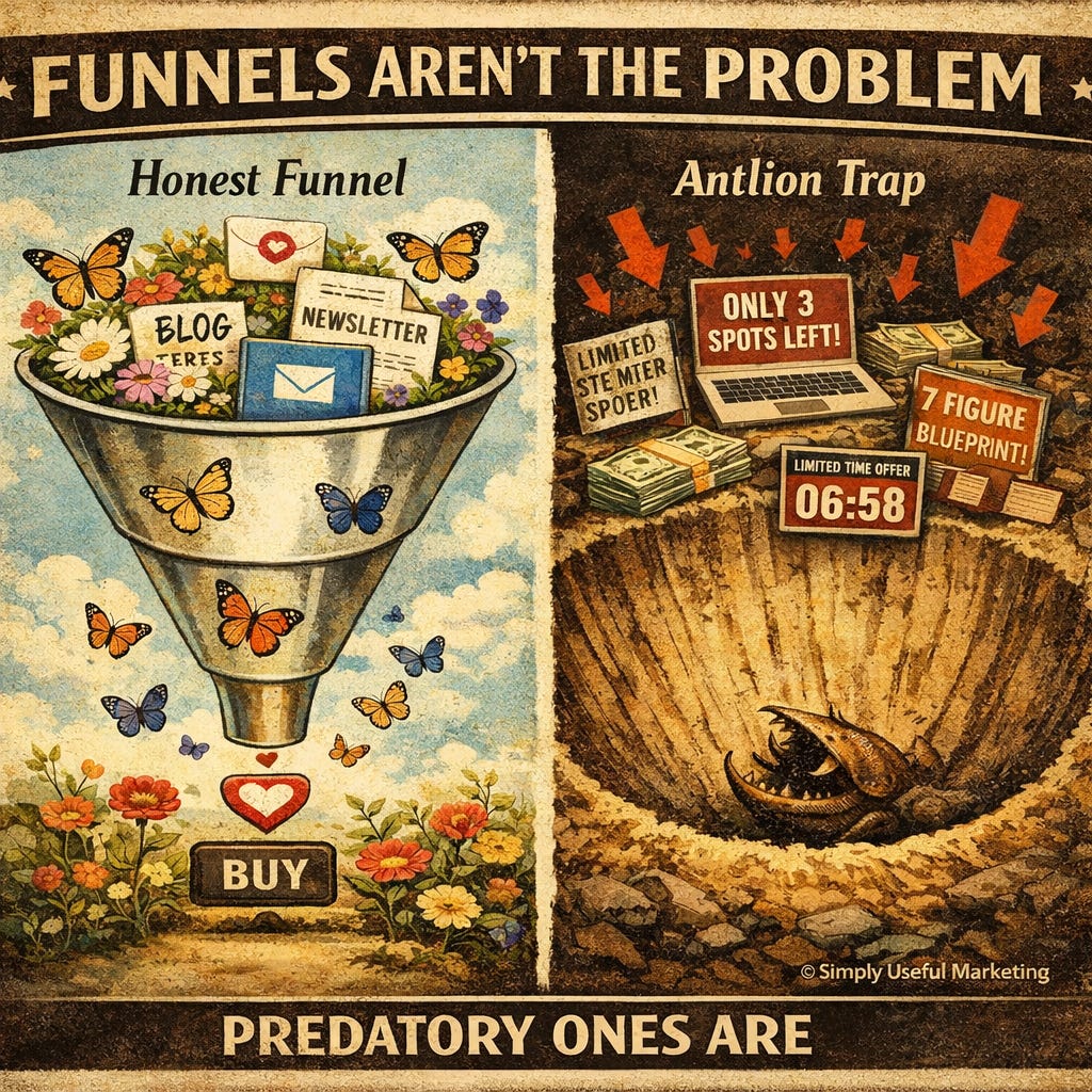 plit vintage-style illustration contrasting two kinds of funnels. Left side shows an “Honest Funnel” filled with flowers, butterflies, and helpful content like a blog and newsletter flowing toward a “Buy” sign. Right side shows an “Antlion Trap” with fake urgency tactics, countdown timers, and hype language falling into a pit with a lurking antlion. Large text reads “Funnels Aren’t the Problem” at the top and “Predatory Ones Are” at the bottom. © Simply Useful Marketing. plit vintage-style illustration contrasting two kinds of funnels. Left side shows an “Honest Funnel” filled with flowers, butterflies, and helpful content like a blog and newsletter flowing toward a “Buy” sign. Right side shows an “Antlion Trap” with fake urgency tactics, countdown timers, and hype language falling into a pit with a lurking antlion. Large text reads “Funnels Aren’t the Problem” at the top and “Predatory Ones Are” at the bottom. © Simply Useful Marketing.
