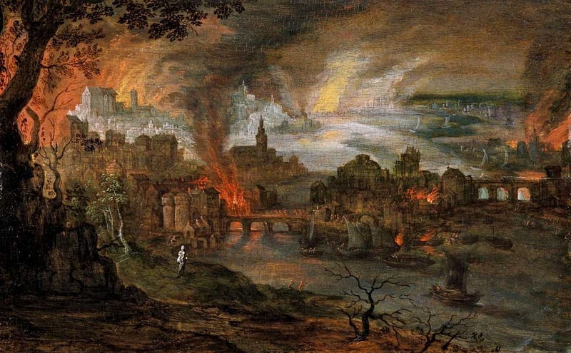 A painting of a city being destroyed with fire A painting of a city being destroyed with fire