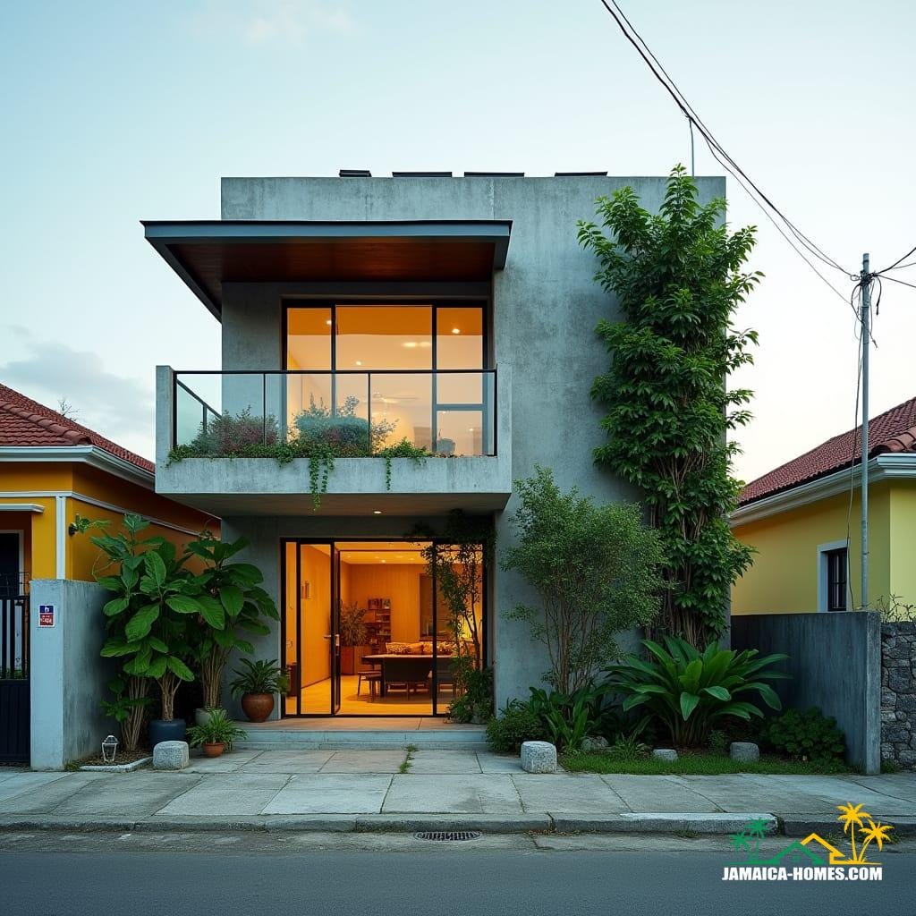 Compact urban modern home designed as a single 20-ft concrete module with an overlapping steel porch, optimized for a small suburban lot in Kingston. The facade features lush vertical gardens, and a skylight illuminates the living space. Solar panels adorn the roof, and slim horizontal windows minimize heat gain. The home is situated on a small lot between colorful neighboring houses, with a paved walkway leading to the entrance. Styled as a sleek, energy-efficient, modern urban aesthetic, presented as a cinematic film still shot on v-raptor XL with film grain, vignette, color grading, post-processing, cinematic lighting, 35mm film, live-action, best quality, atmospheric, a masterpiece, epic, stunning, dramatic.