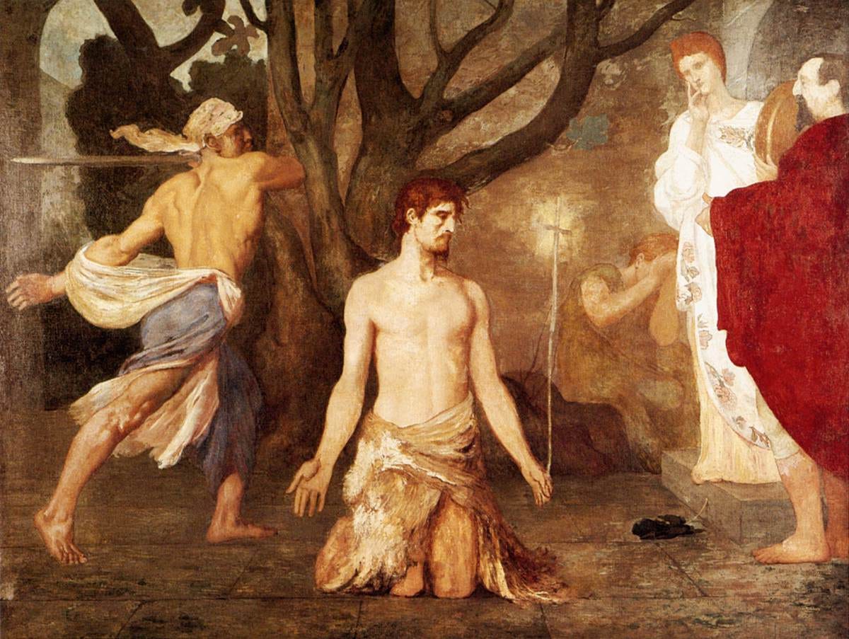 The saint kneeling calm as the executioner raises the blade The saint kneeling calm as the executioner raises the blade