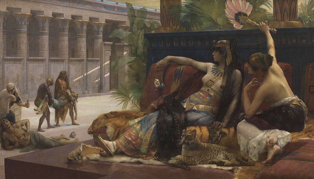 Cleopatra Testing Poisons on Condemned Prisoners by Cabanel: guards carry off a body as Cleopatra watches Cleopatra Testing Poisons on Condemned Prisoners by Cabanel: guards carry off a body as Cleopatra watches