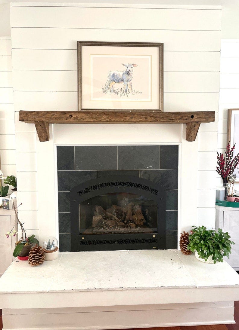 May include: A white fireplace mantel with a dark brown wooden beam. Above the mantel is a framed picture of a white lamb in a field. The fireplace has a black metal grate with a fire burning inside. There are two small potted plants on the mantel, one with a pine cone and the other with a snow globe.