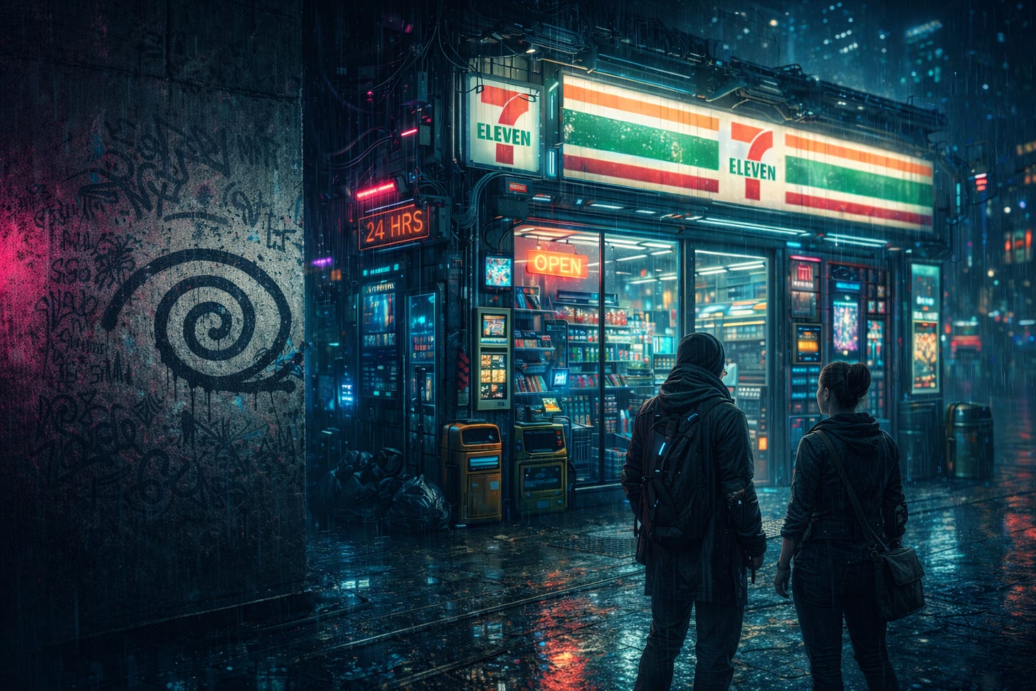 A rain-soaked cyberpunk street at night outside a futuristic convenience store glowing with teal and orange light. Two ordinary futuristic pedestrians stand in the foreground, wearing practical, modern clothing with subtle tech details. The wet pavement reflects neon signage and city lights. On the concrete wall beside the shop, a small spiral eyeball sigil appears as faded graffiti, surrounded by other indistinct tags so it blends naturally into the urban texture. Subtle neon-pink accents flicker among cables and signs, adding to the dense, dystopian city atmosphere.