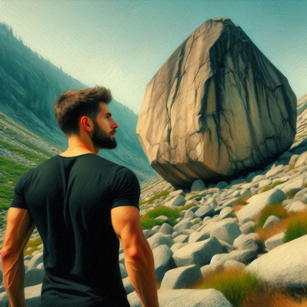 A handsome man in a black-t-shirt stares at a large boulder at the base of a formidably steep hill. Slight impressionist style.