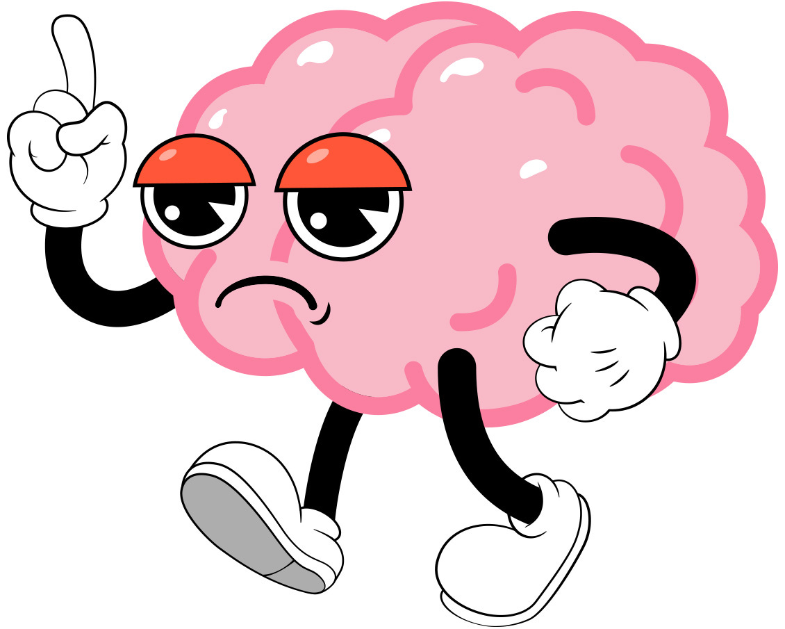 A cartoon brain with an annoyed facial expression, symbolizing our own biases.