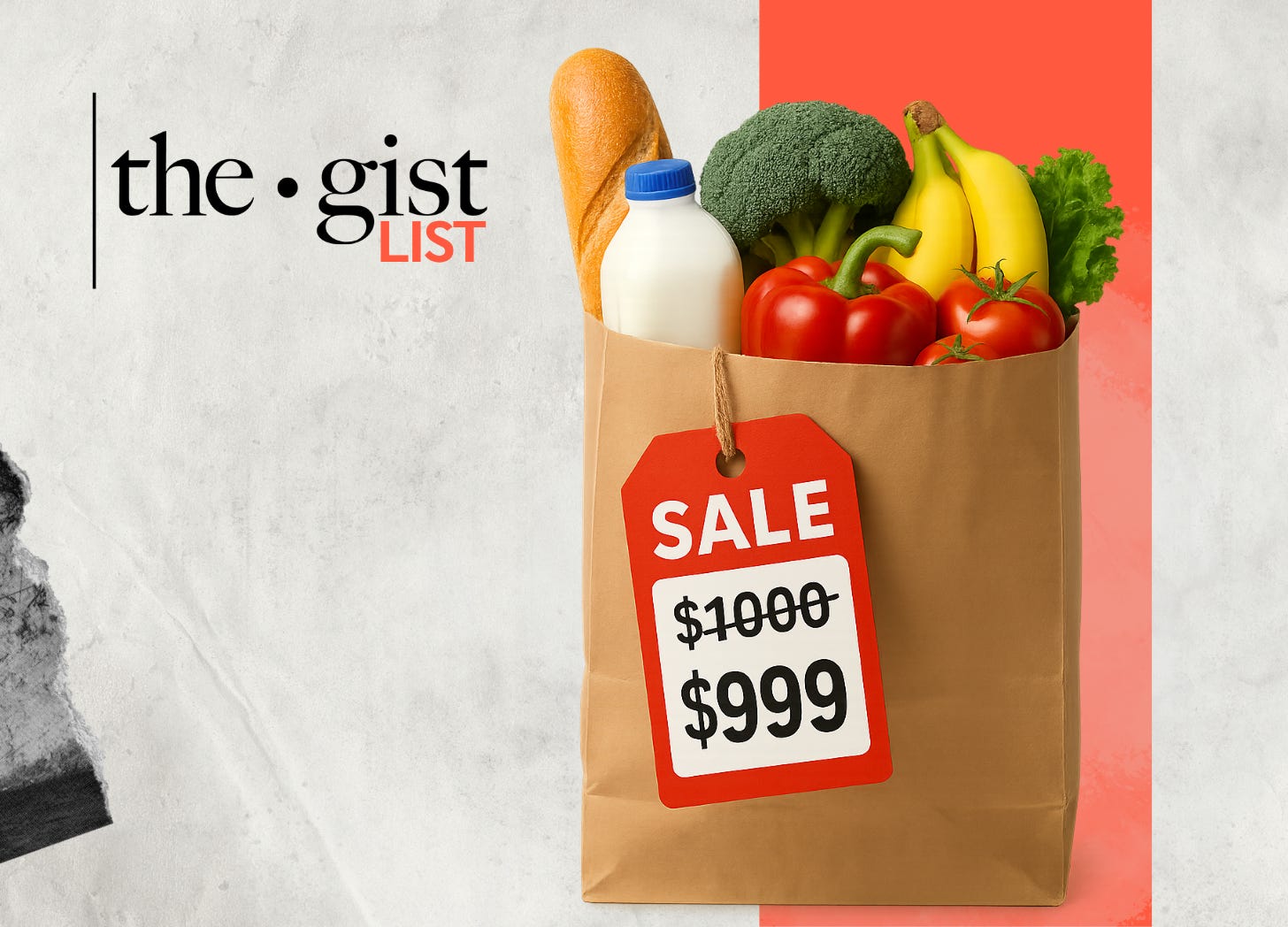 A bag of $1000 groceries on sale for $999 as a commentary on how reducing tariffs won't change much to grocery affordability.