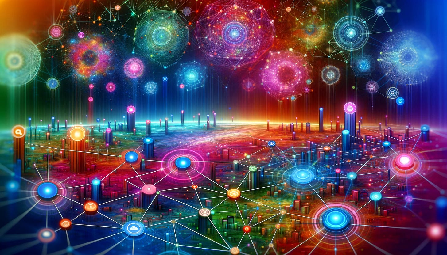 paesaggio digitale dai colori vibranti che rappresenta i nodi dell'ecosistema Web3 le le loro interconnessioni