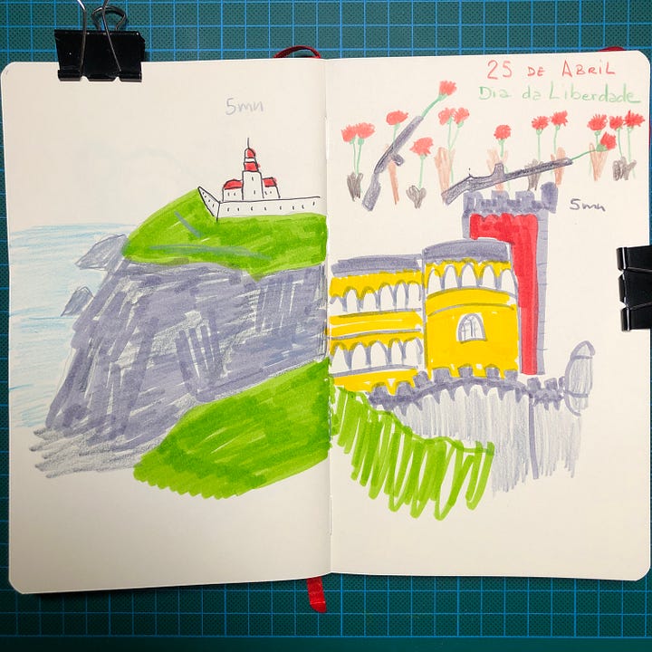 Photos de 5 doubles-pages de mon sketchbook où l'ont voit les dessins de symboles du Portugal tels que le drapeau, des monuments historiques, des spécialités culinaires, entre autres. Dessins réalisés aux Colorex, crayon graphite et crayons de couleurs.