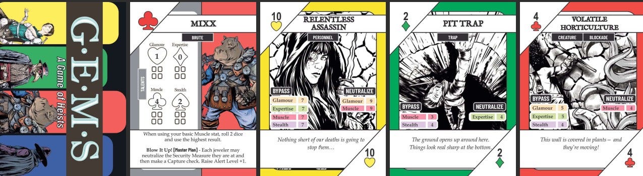 5 cards: GEMS card back, Mixx, Relentless Assassin, Pit trap, and Volatile Horticulture