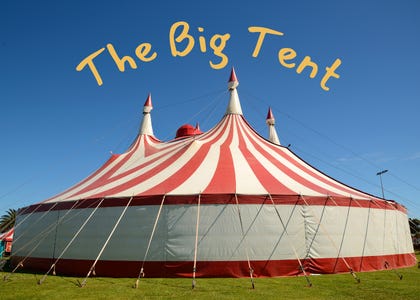 A large red and white striped circus tent with the words "The Big Tent" written over it