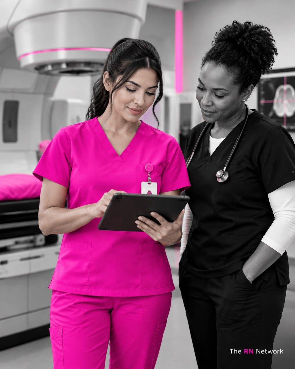 Nurse in pink scrubs using a tablet in a modern clinical setting, with The RN Network logo