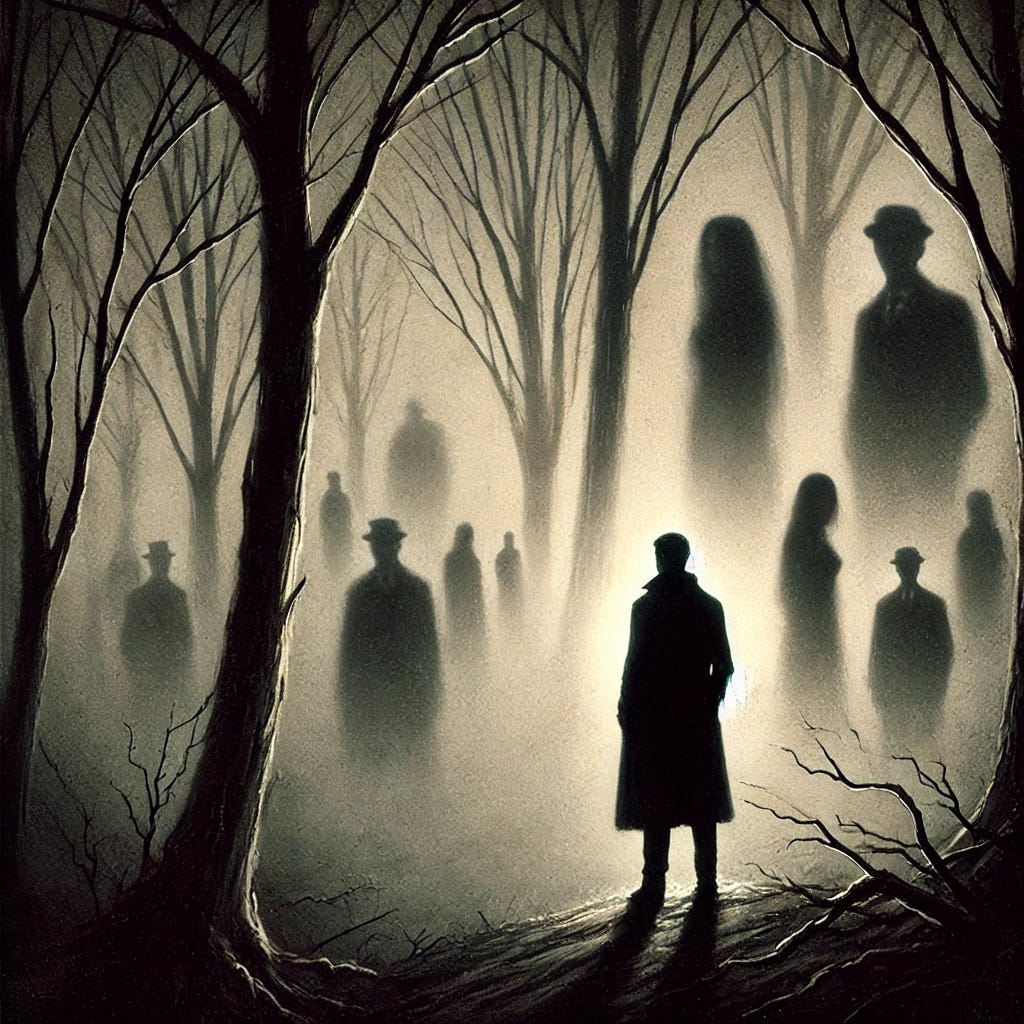 A haunting scene of a lone figure standing in a dark, foggy forest, with faint, ghostly silhouettes of people lurking in the background, resembling memories or spirits. The figure looks contemplative, with a sense of melancholy, as eerie shadows emerge subtly from the fog, giving an impression of past connections that are out of reach but still haunting. The background is detailed with twisted trees and a soft, unsettling light breaking through the fog, casting long shadows. Style reminiscent of classic horror yet reflective and introspective.