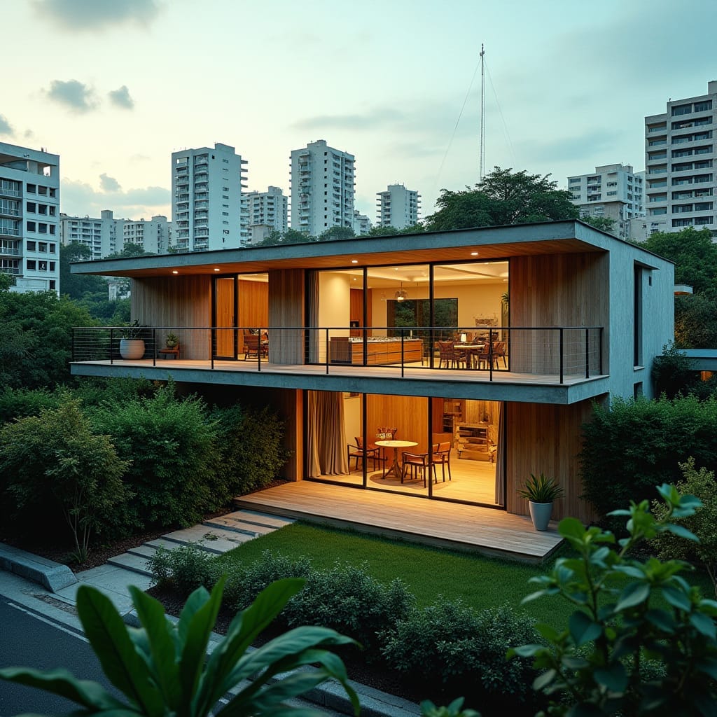 A modern Jamaican prefab home set in the city, showcasing sleek, minimalist architecture with clean lines and efficient design. The home features large windows, allowing natural light to flood the interior, and a stylish exterior with a combination of wood, glass, and concrete. The compact yet functional layout includes an open-plan living area, surrounded by lush, well-manicured greenery despite the urban setting. The home is designed for sustainability and urban convenience, standing out as a contemporary oasis amidst the bustling cityscape. Modern living, eco-friendly design, urban elegance.