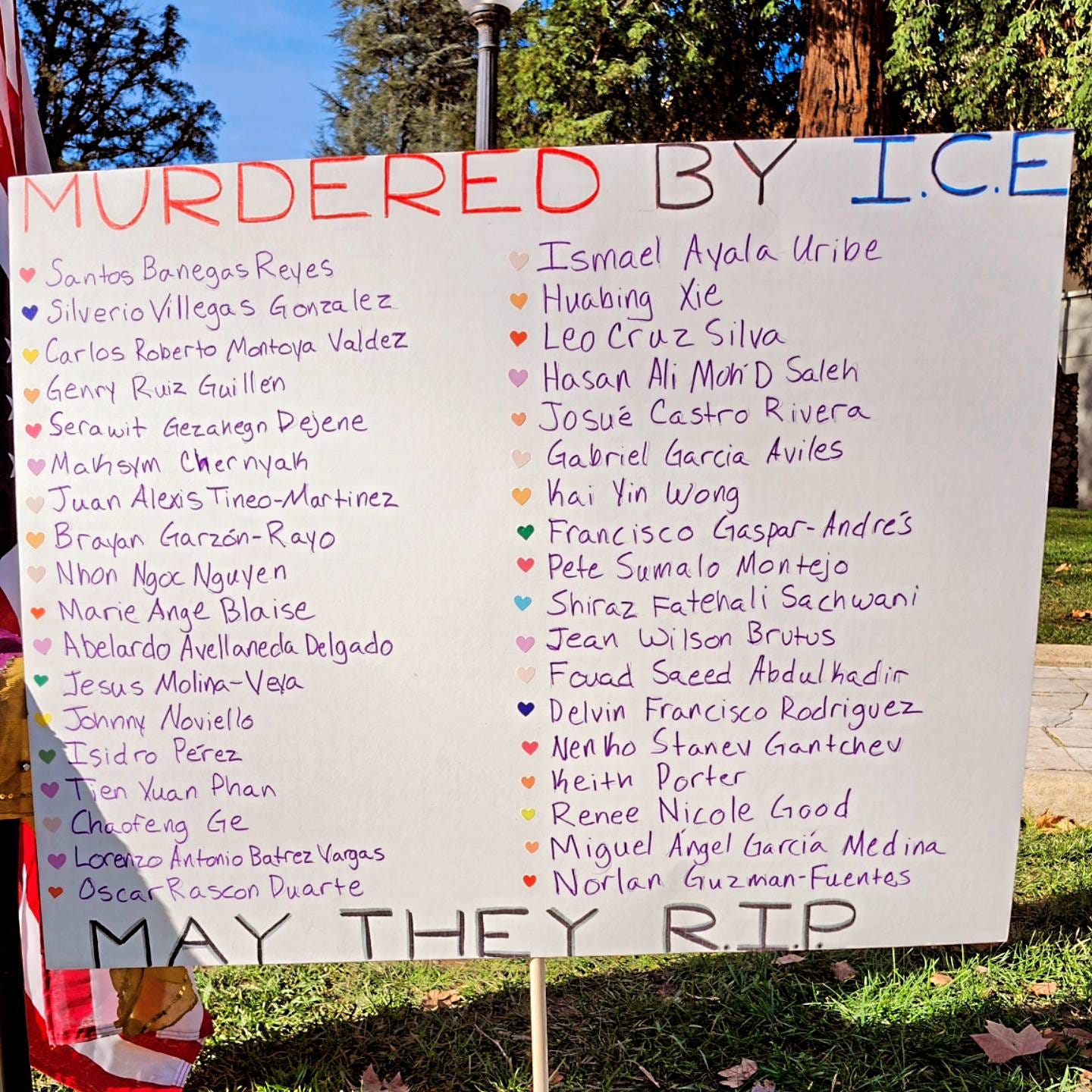 Handmade protest sign reading “MURDERED BY I.C.E” listing names, with “MAY THEY R.I.P.” at the bottom.