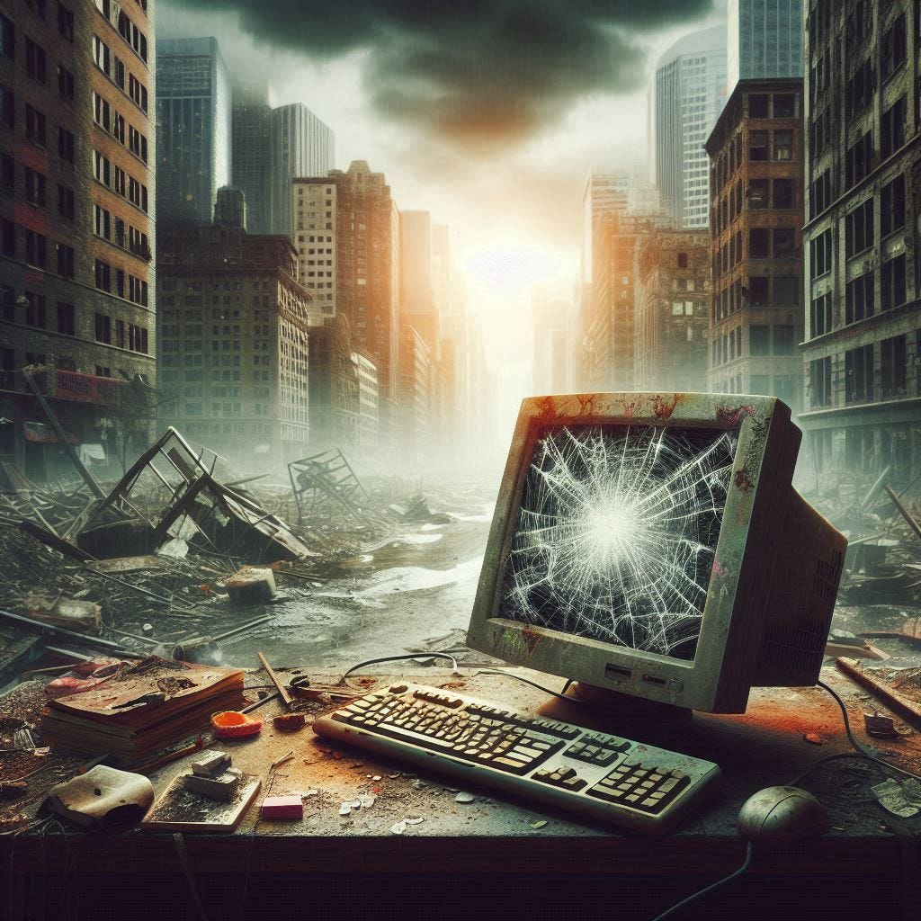 abandoned computer screen sitting alone in a post-apocalyptic city landscape
