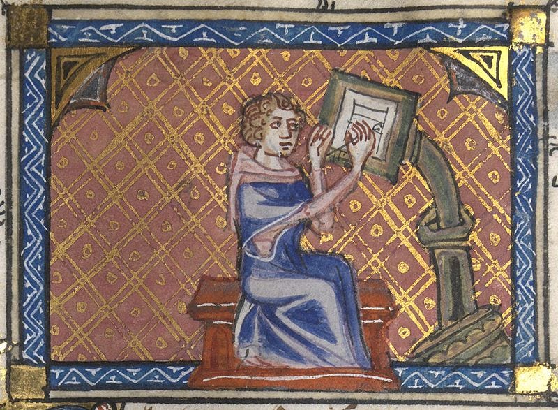 An illuminated manuscript drawing of a monk writing. An illuminated manuscript drawing of a monk writing.