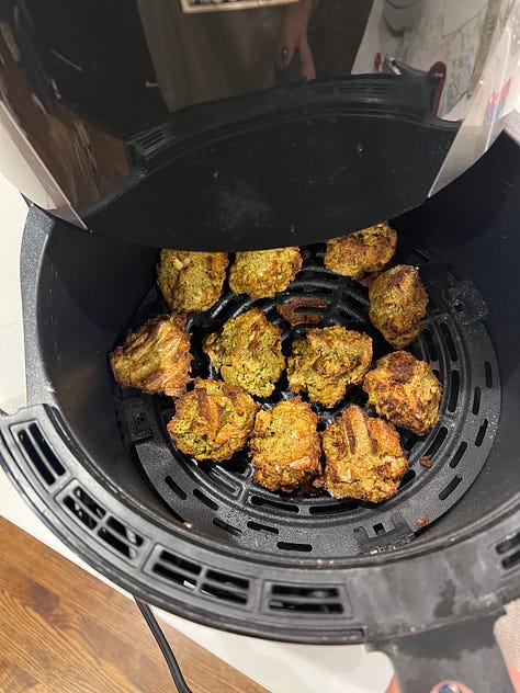 A gallery of air fryer creations including falafel, empanadas, shrimp po' boys and egg souffle.