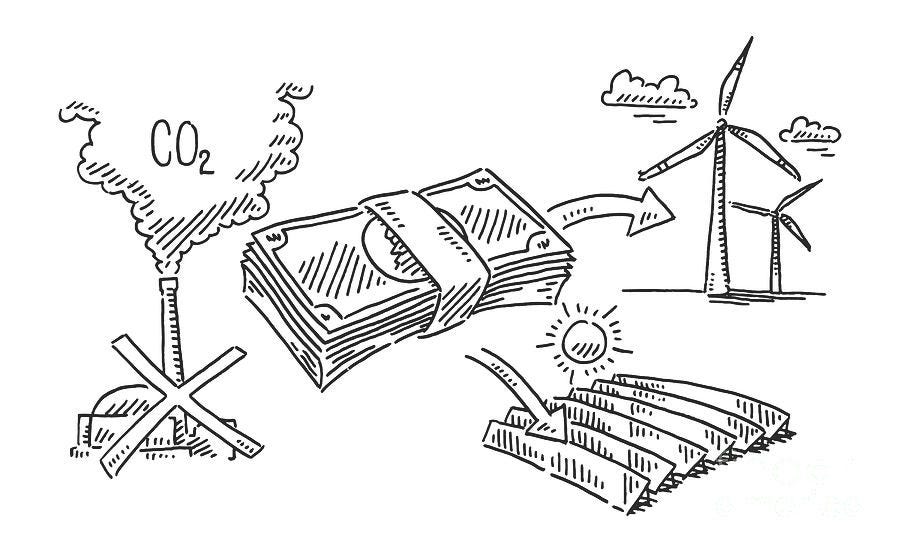 Black And White Drawing - Moving Money Towards Renewable Energy Drawing by Frank Ramspott