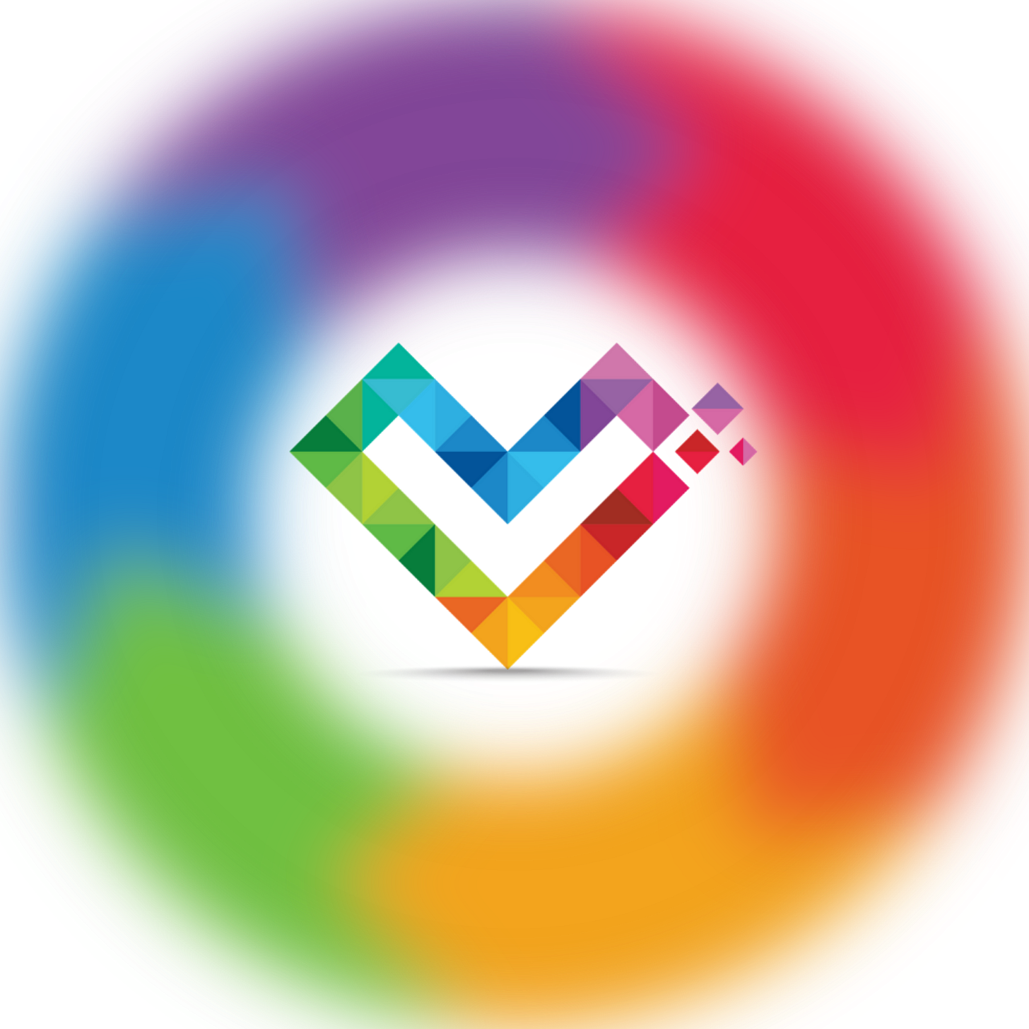 the Inclusive Pixelation rainbow heart logo inside a blurred rainbow circle