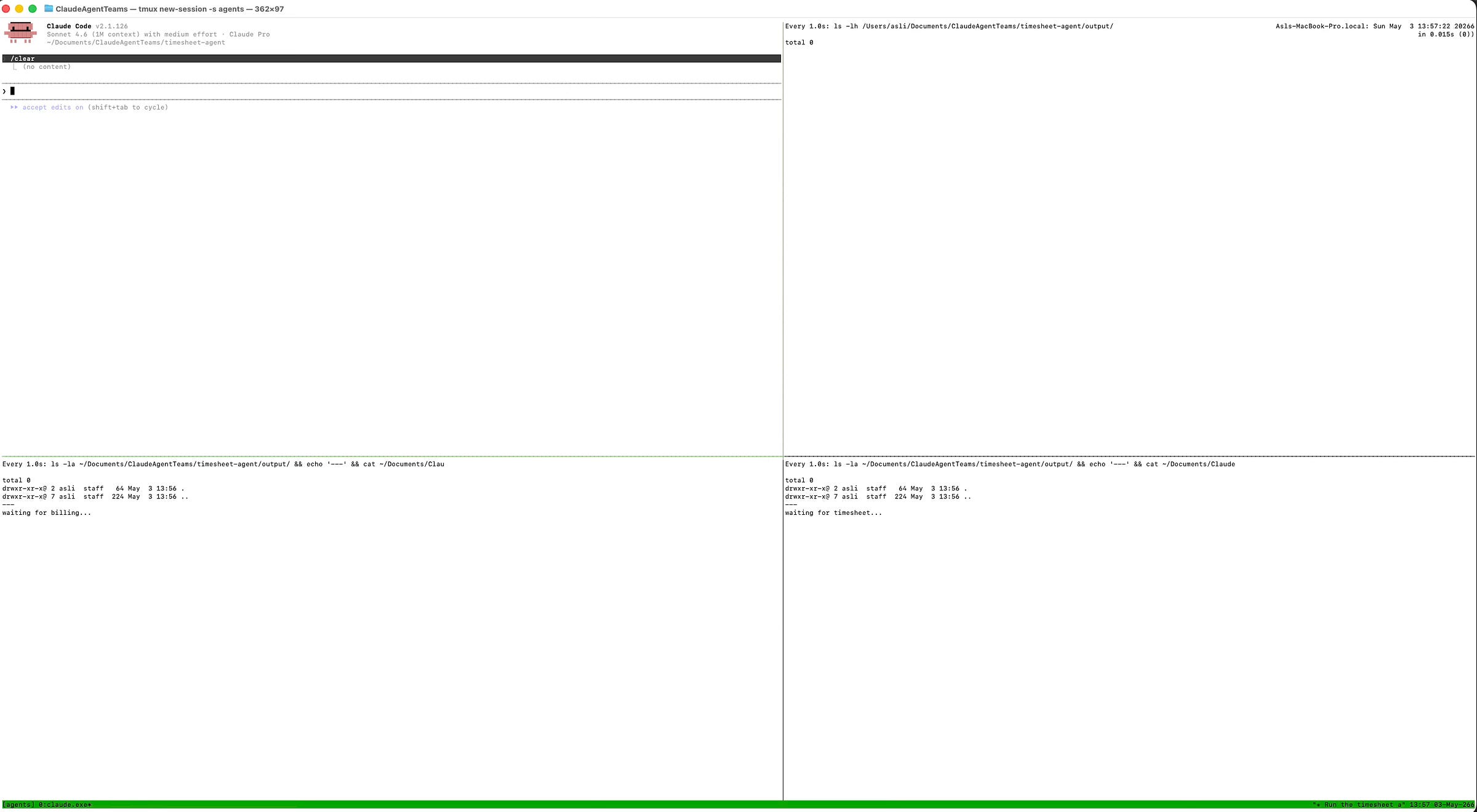 Four-pane tmux layout showing Claude Code agent team before execution — empty output folder, agents on standby