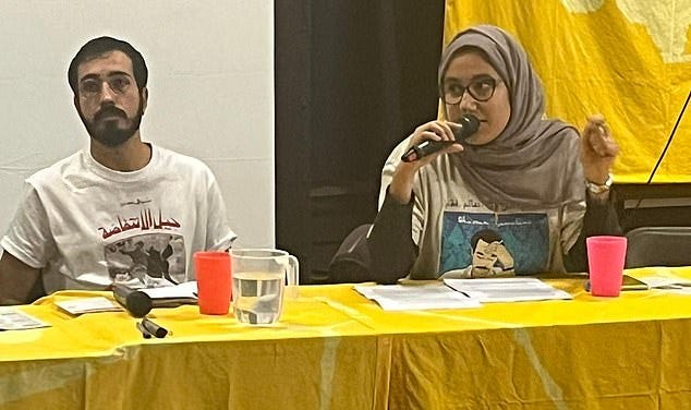 Yasmin Elsouda (right), an activist and member of the Palestinian Youth Movement, told the audience at a fringe event: 'Yesterday over 230 of our siblings¿ ascended to martyrdom at the hands of the Zionist entity.' Yasmin Elsouda (right), an activist and member of the Palestinian Youth Movement, told the audience at a fringe event: 'Yesterday over 230 of our siblings¿ ascended to martyrdom at the hands of the Zionist entity.'