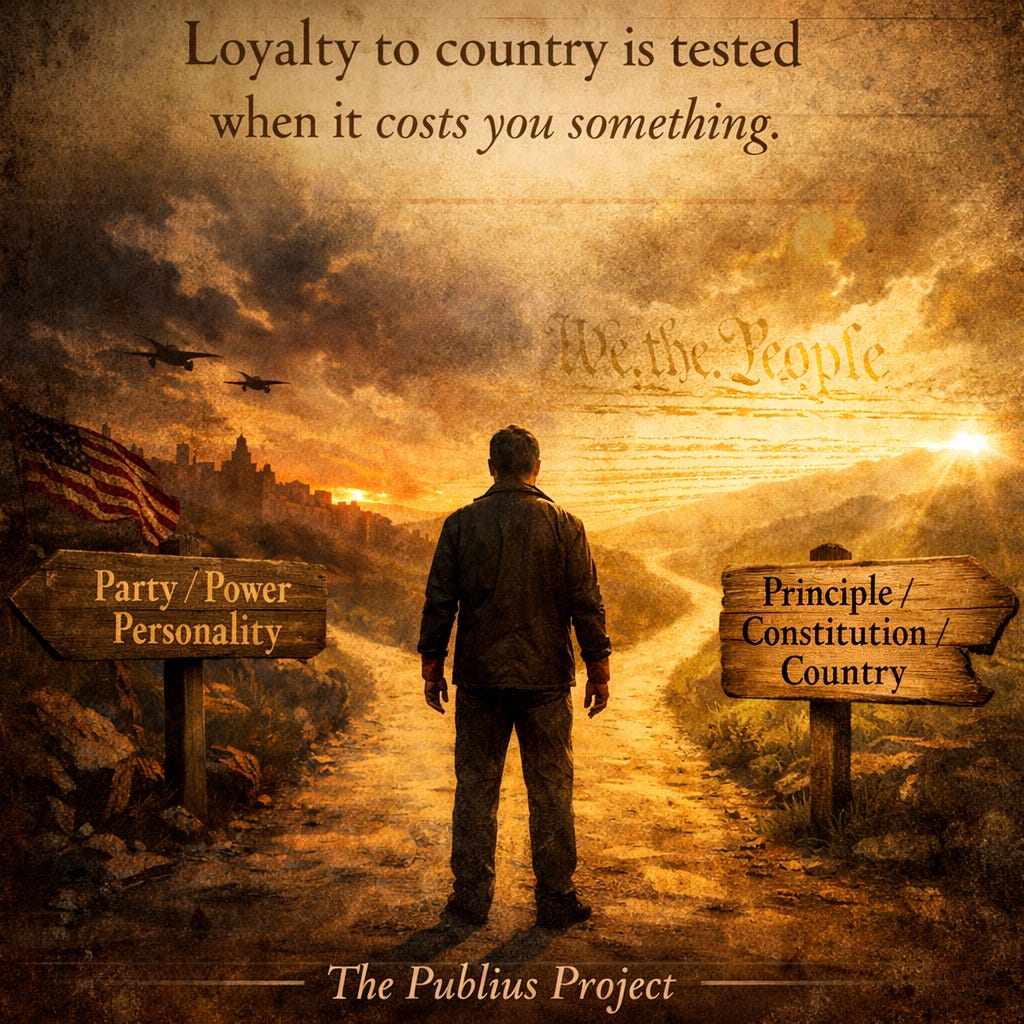 A symbolic image of a man standing at a crossroads between two paths—one labeled ‘Party / Power / Personality’ in a dark, war-torn landscape, and the other labeled ‘Principle / Constitution / Country’ in a bright, hopeful setting, with the words ‘We the People’ in the background and the phrase ‘Loyalty to country is tested when it costs you something.