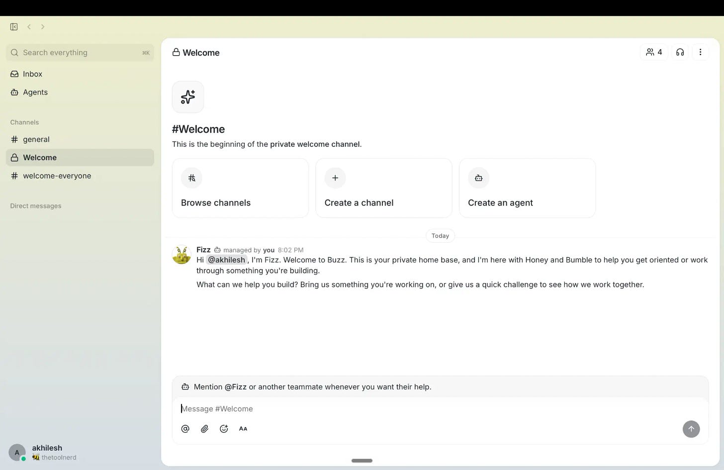 Buzz welcome channel with starter agent Fizz and quick actions Buzz welcome channel with starter agent Fizz and quick actions