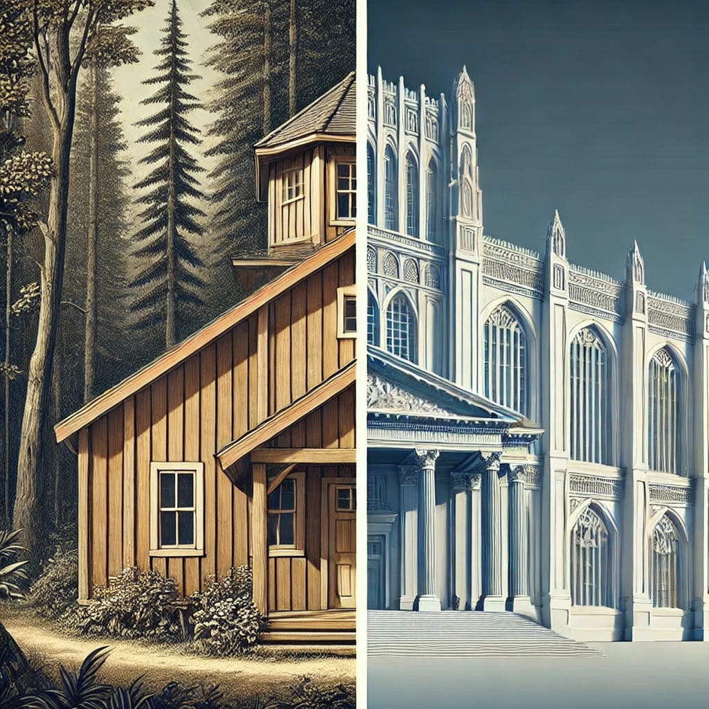 A side-by-side comparison of two buildings: on the left, a small, humble church made of wood or stone, simple and welcoming, surrounded by nature; on the right, a grand, imposing imperial-style building with rigid architecture, symbolizing power and control. A visible divider, such as a diagonal slash or contrasting lighting, separates the two, emphasizing the difference between authentic, invitational evangelism and historical imperialistic influence.