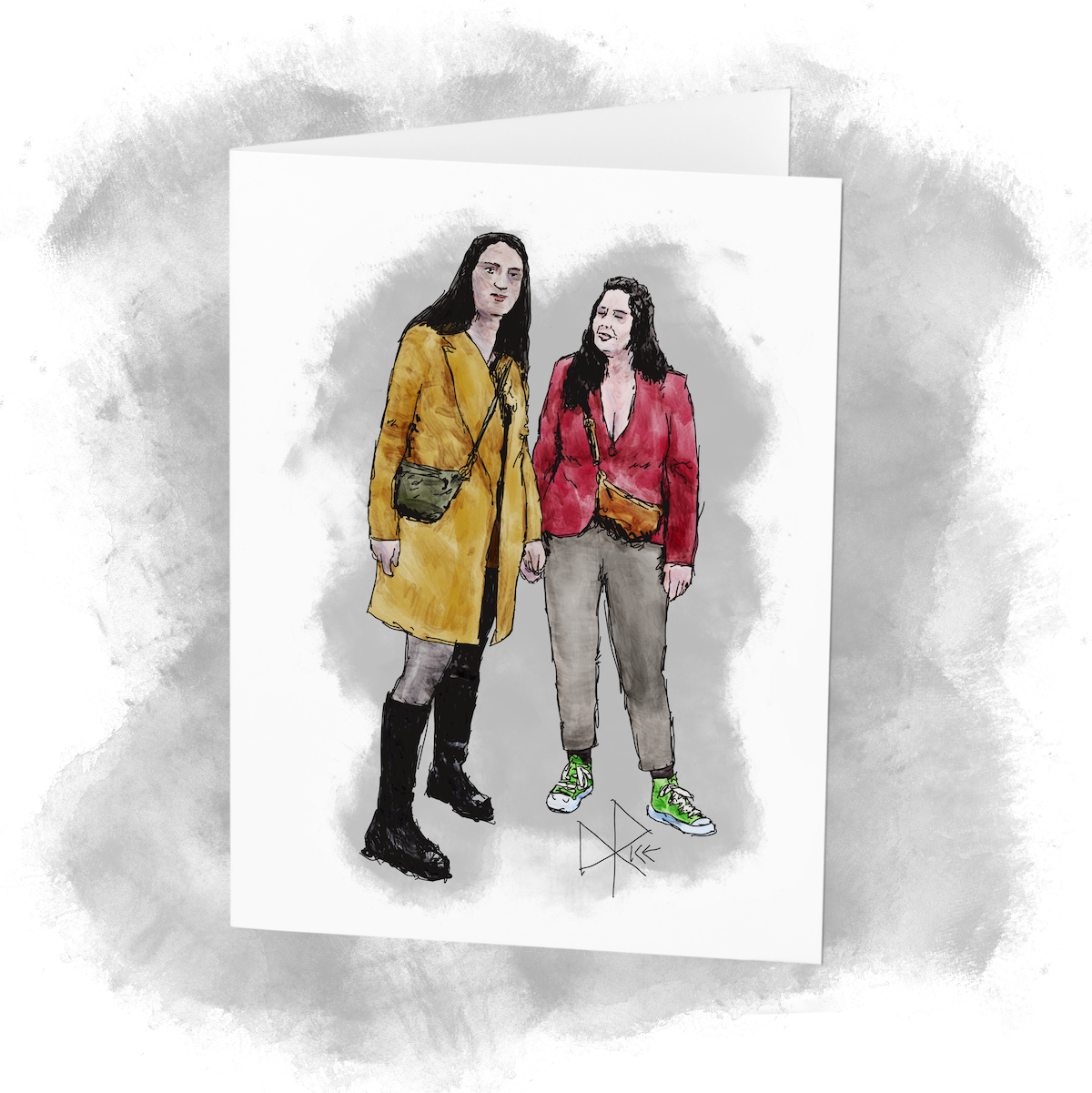 Two women standing outdoors, enjoying the warming weather as the earth’s orbit and rotation cycle bring back greater solar irradiance in the northern hemisphere. Sketch art by Don Rice.